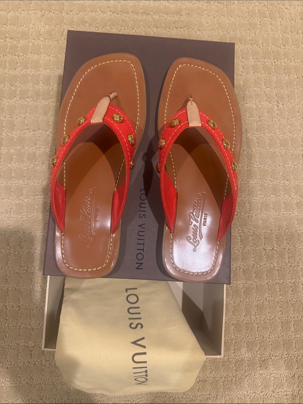 Louis Vuitton Red Leather Thong Sandals with Gold Studs